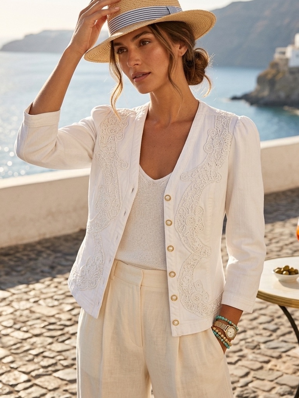 CHAPS Lace Denim Jacket S White costal resort euro summer